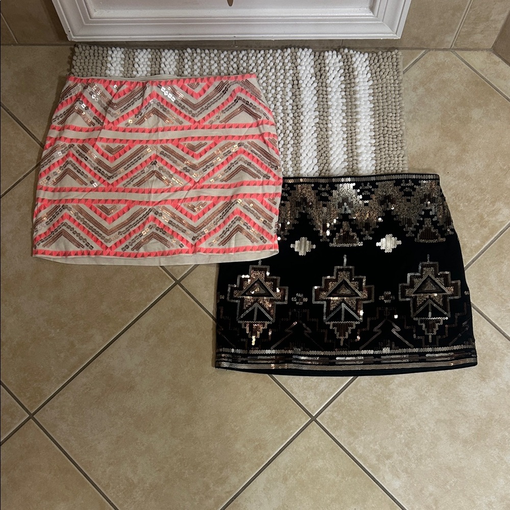 Express Pink and Black Sequin Mini Skirt Set